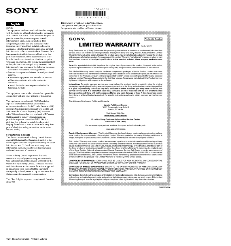 Page 1 de la notice Manuel utilisateur Sony SRS-BTD70