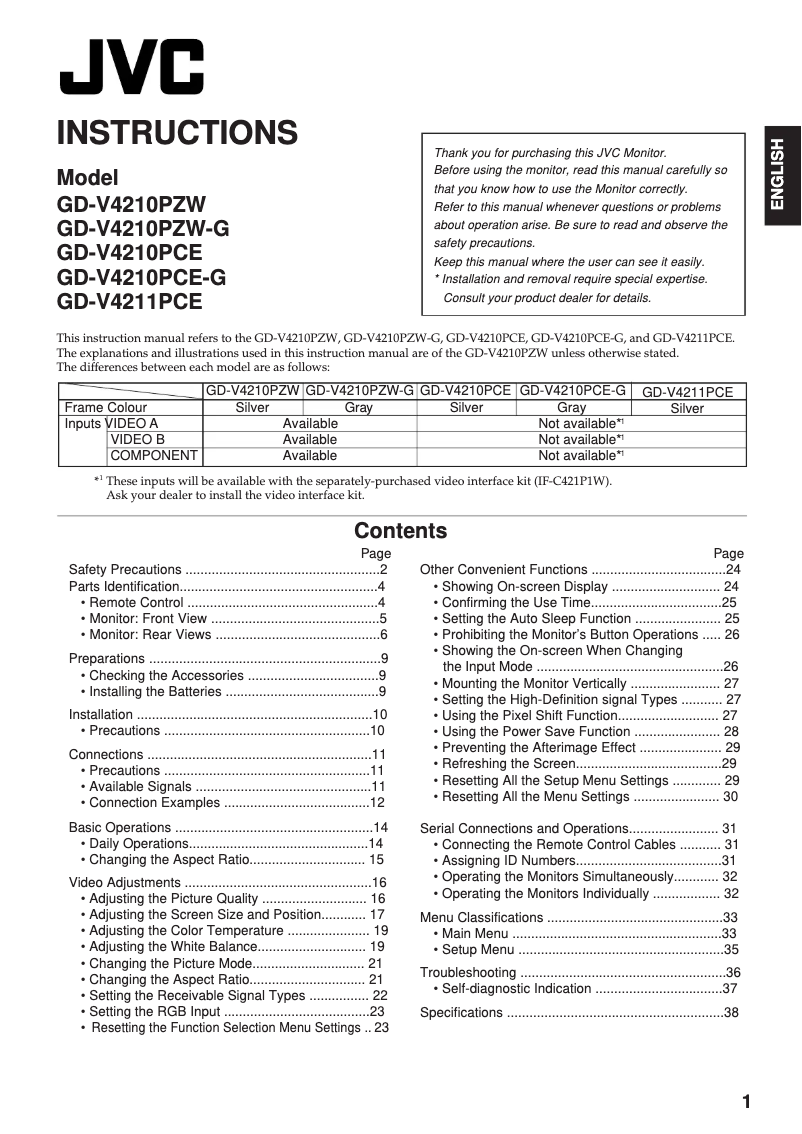 Page 1 de la notice Manuel utilisateur JVC GD-V4211PCE