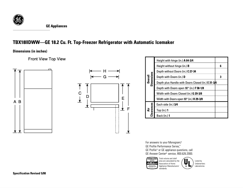 Página 1 del manual Ficha técnica GE TBX18IIDWW