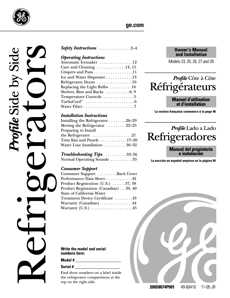 Page n°1 - Manuel d'utilisation et d'entretien GE CustomStyle GSC23LGQWW