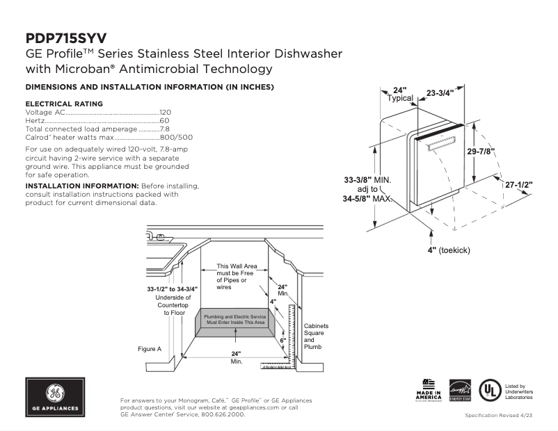 Page 1 of the manual Technical Sheet GE PDP715SYVFS
