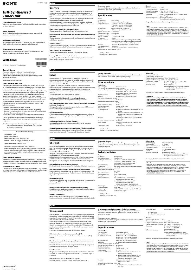 Page 1 de la notice Manuel utilisateur Sony WRU-806B