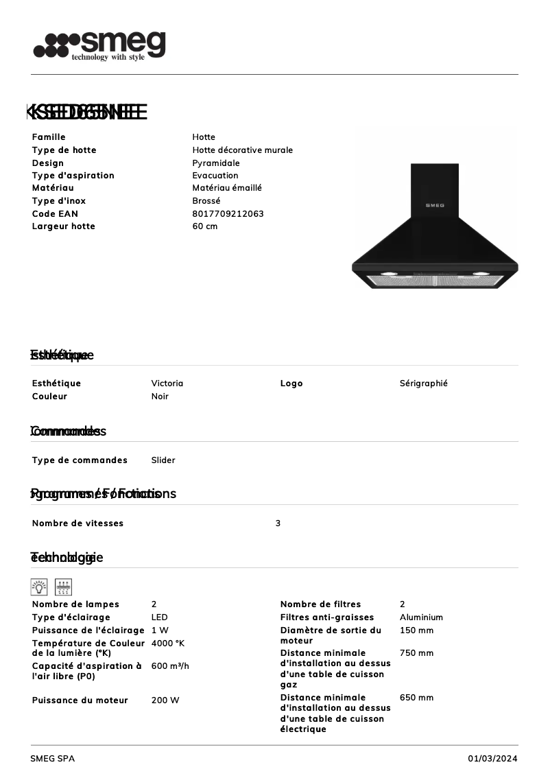 Page 1 de la notice Fiche technique Smeg KSED65NEE