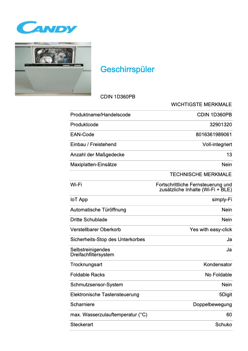 Page 1 de la notice Fiche technique Candy CDIN 1D360PB