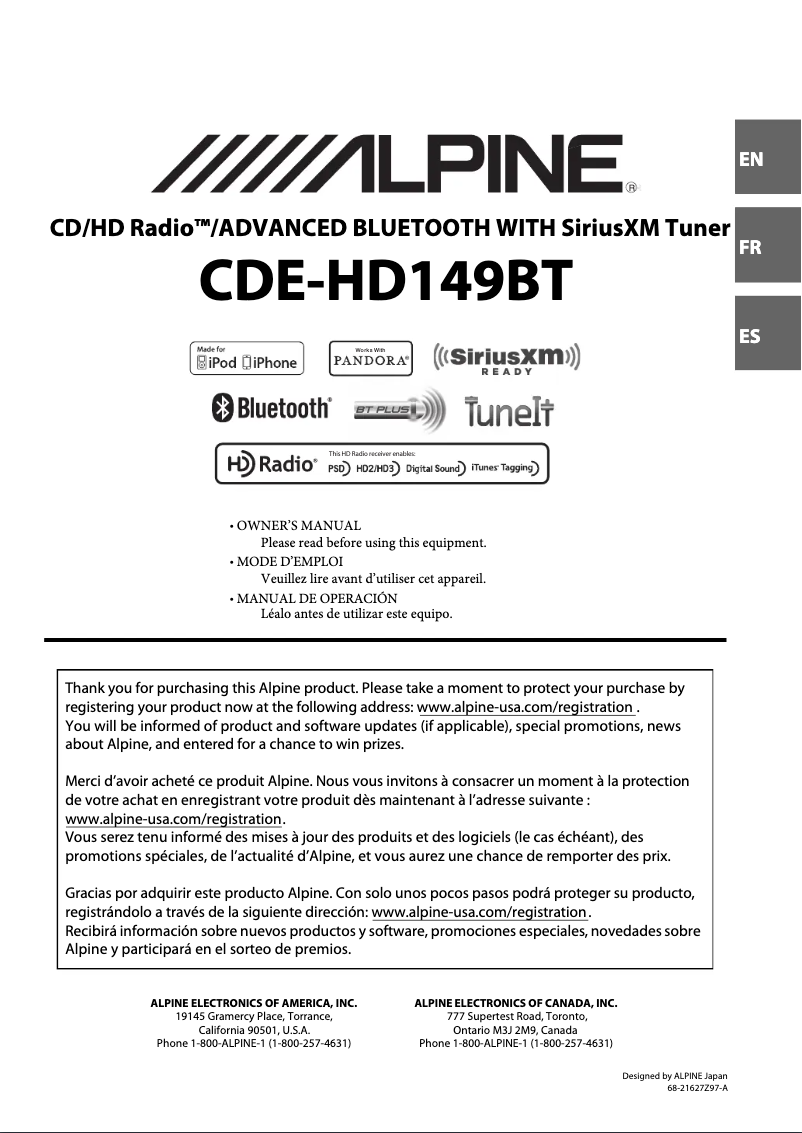 Page 1 de la notice Manuel utilisateur Alpine CDE-HD149BT