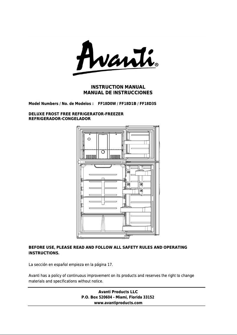 Page 1 de la notice Manuel utilisateur Avanti FF18D3S