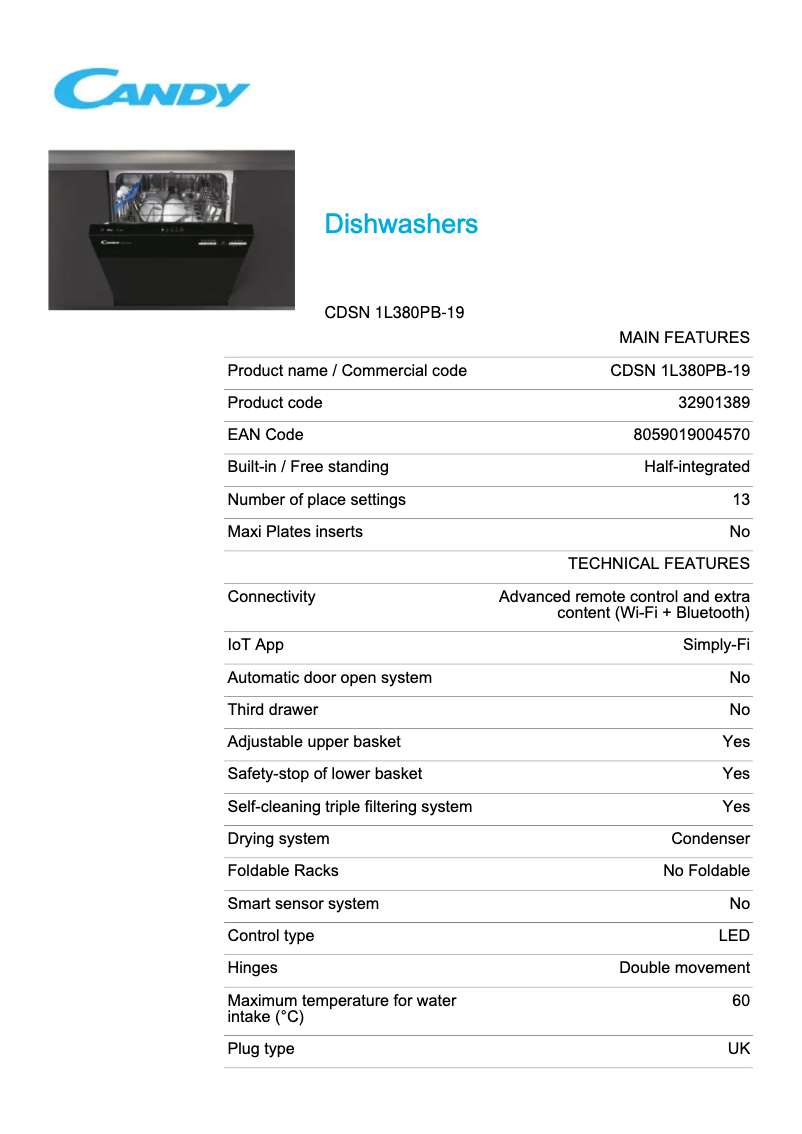 Page 1 de la notice Fiche technique Candy CDSN 1L380PB-19