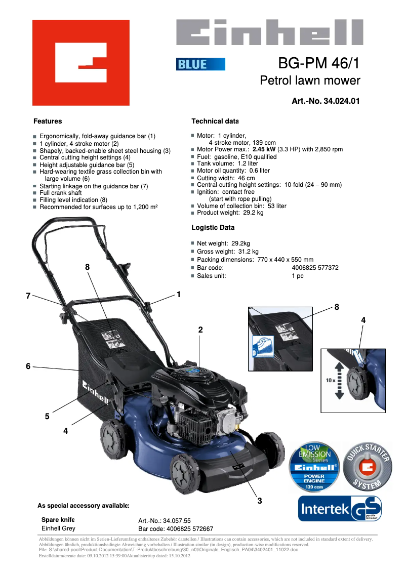 Page 1 de la notice Manuel utilisateur Einhell BG-PM 46/1