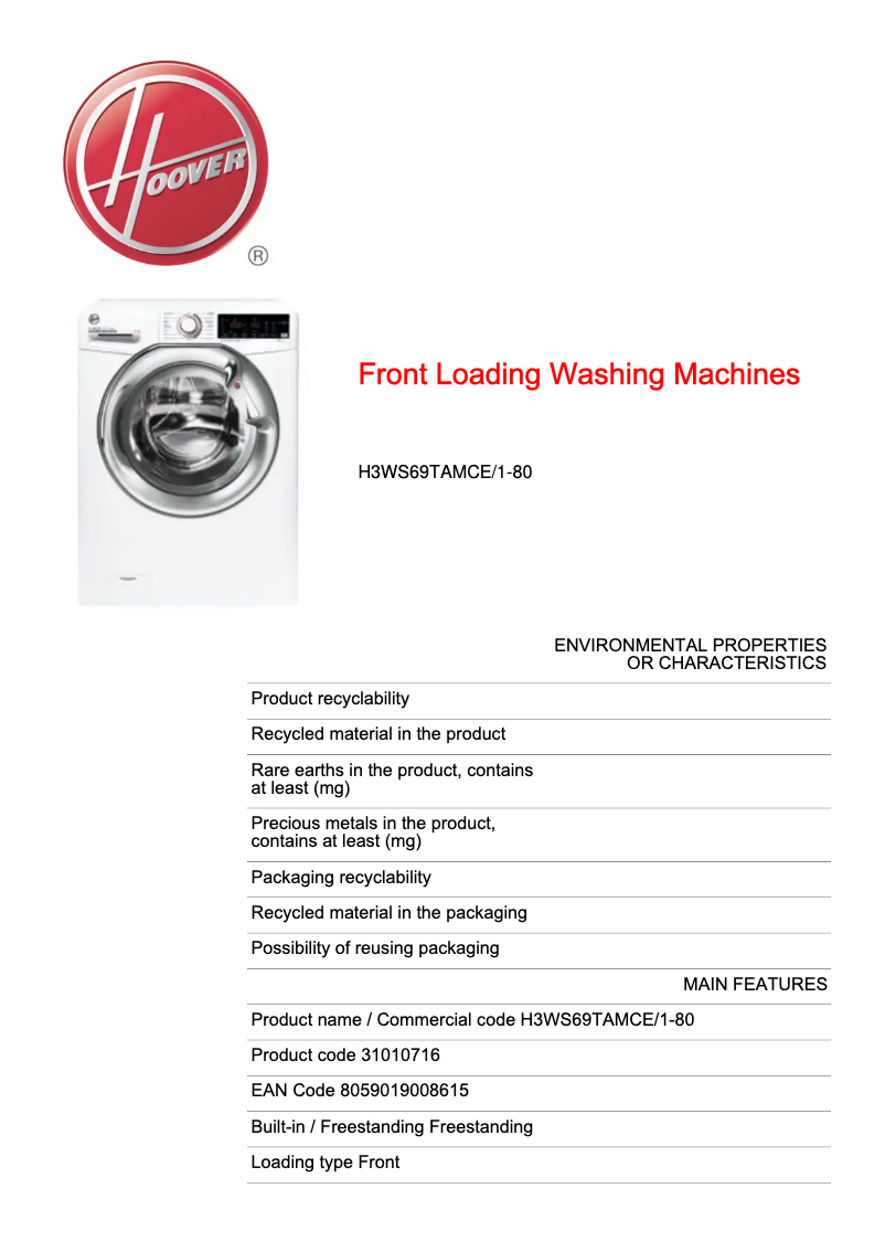 Page n°1 - Fiche technique Hoover H-WASH 300 PLUS H3WS69TAMCE/1-80