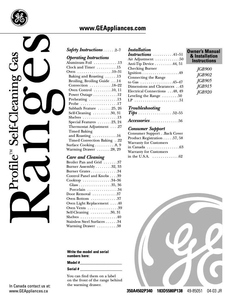 Page 1 of the manual Use and Maintenance Manual GE Profile JGB920SECSS