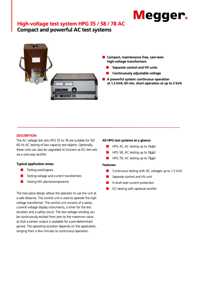 Page 1 de la notice Fiche technique Megger HPG 35-AC