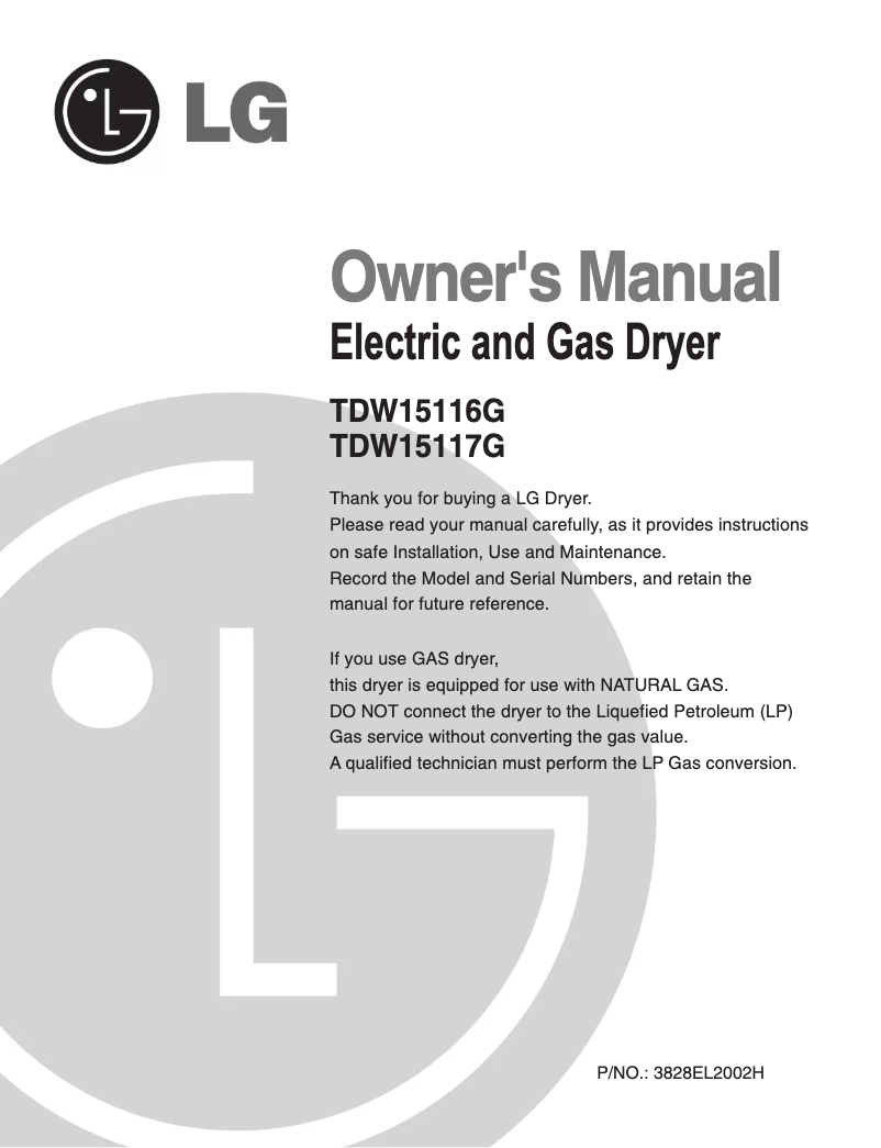 Page 1 de la notice Manuel utilisateur LG TDW15116G