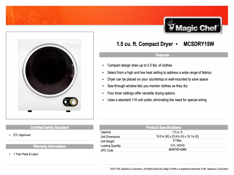 Page 1 de la notice Manuel utilisateur Magic Chef MCSDRY15