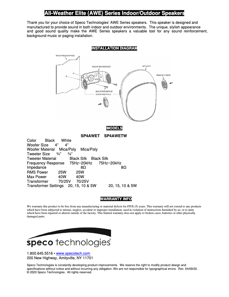 Page 1 de la notice Manuel utilisateur Speco Technologies SP4AWETW
