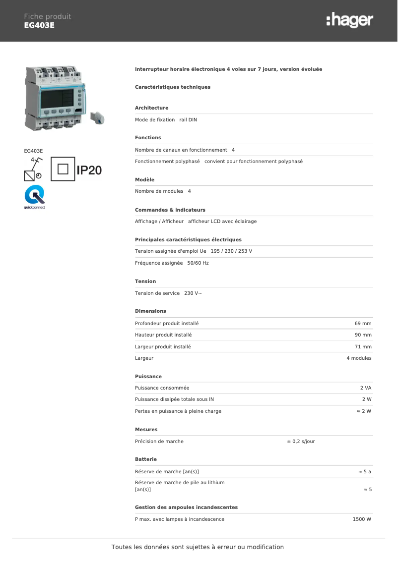 Page 1 de la notice Fiche technique Hager EG403E