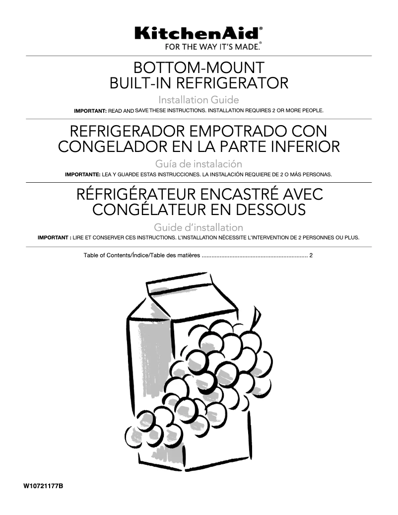 Page 1 de la notice Guide d'installation KitchenAid KBFN502EBS