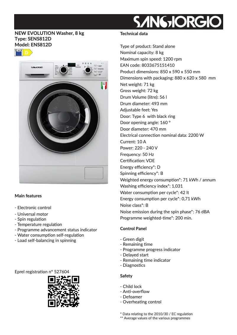 Page 1 de la notice Fiche technique SanGiorgio SENS812D New Evolution