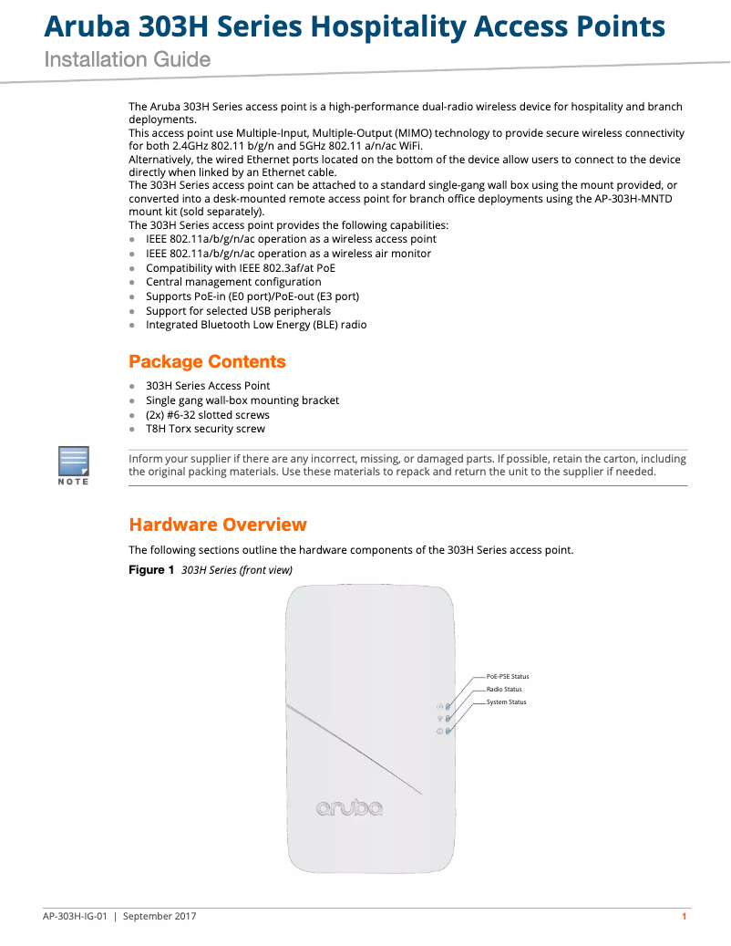 Page n°1 - Manuel utilisateur Aruba AP-303H