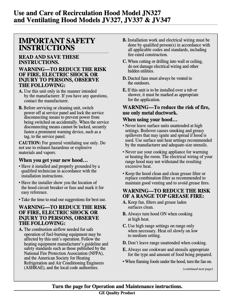 Page 1 de la notice Manuel d'utilisation et d'entretien GE JV337XWH