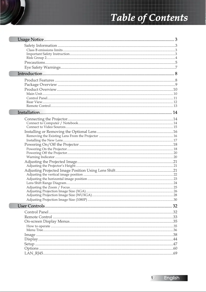 Page 1 de la notice Manuel utilisateur Optoma EH505e