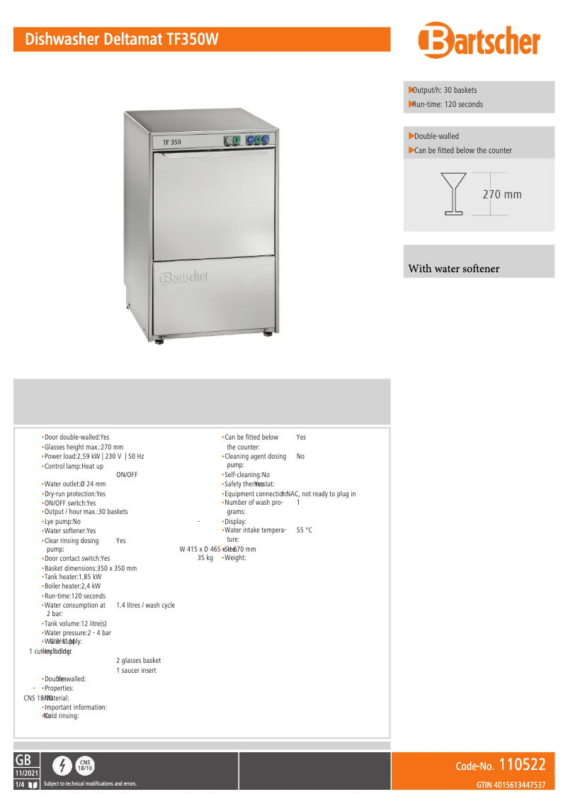 Page 1 de la notice Fiche technique Bartscher Deltamat TF 350 W