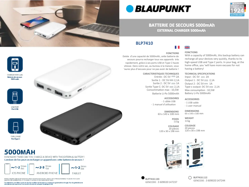 Page 1 de la notice Manuel utilisateur Blaupunkt BLP7410