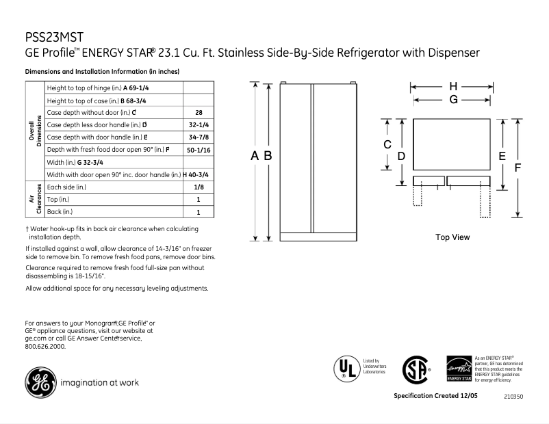 Page 1 de la notice Fiche technique GE Profile PSS23MSTSS
