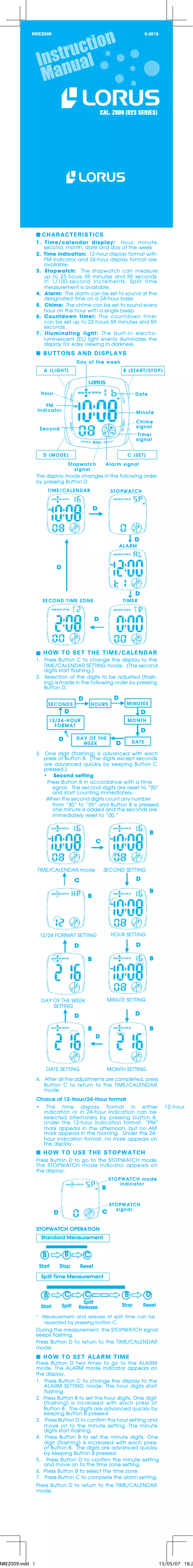 Page n°1 - Manuel utilisateur Lorus Z009
