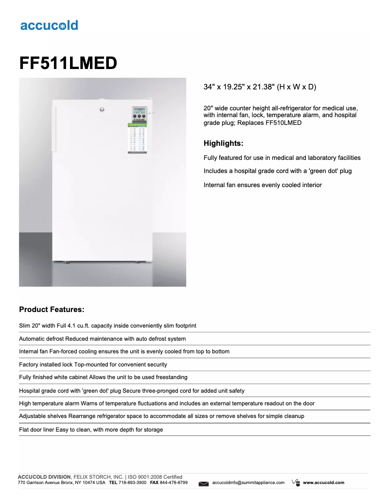 Image de la première page du manuel de l'appareil Accucold FF511LMED