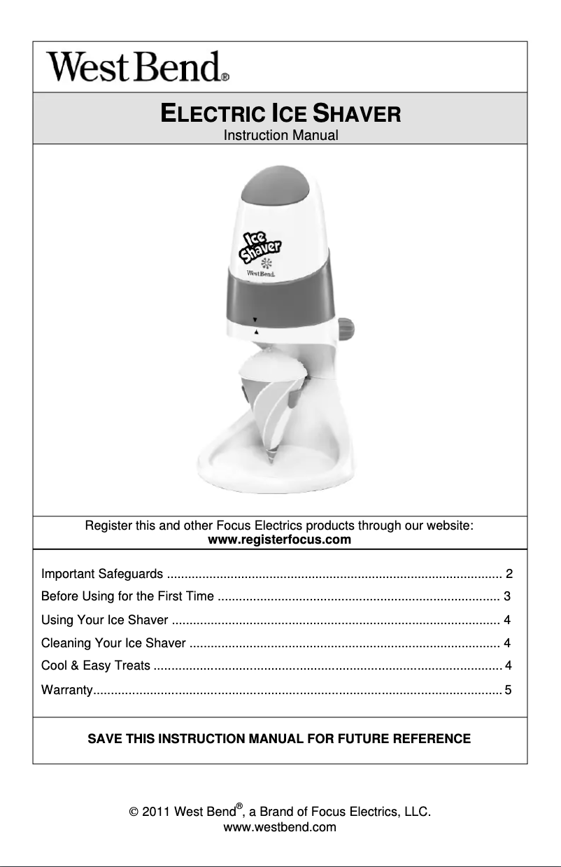 Page 1 de la notice Manuel utilisateur WestBend Ice Shaver SIT12023