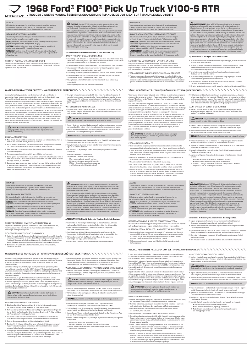 Page 1 de la notice Manuel utilisateur Vaterra 1968 Ford F-100 1/10