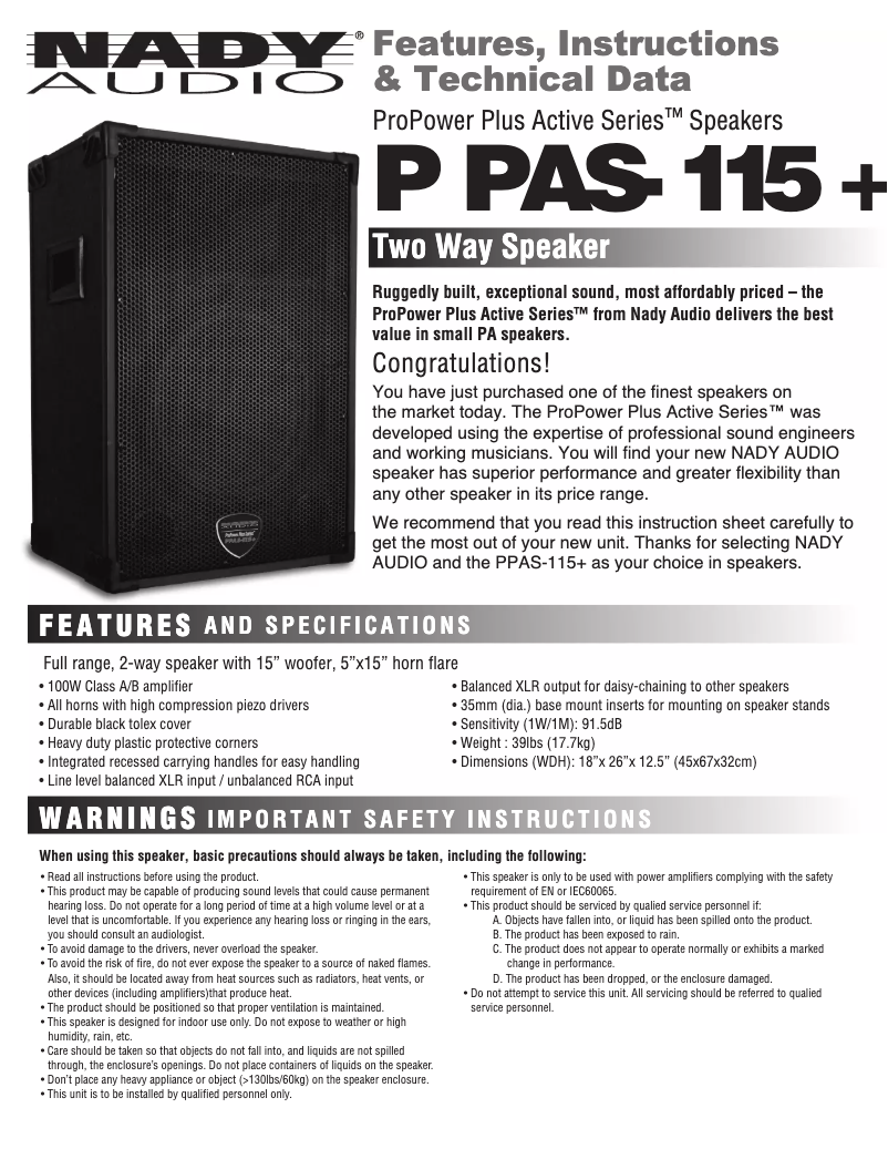 Página 1 del manual Manual de usuario Nady ProPower Plus Active PPAS-115+