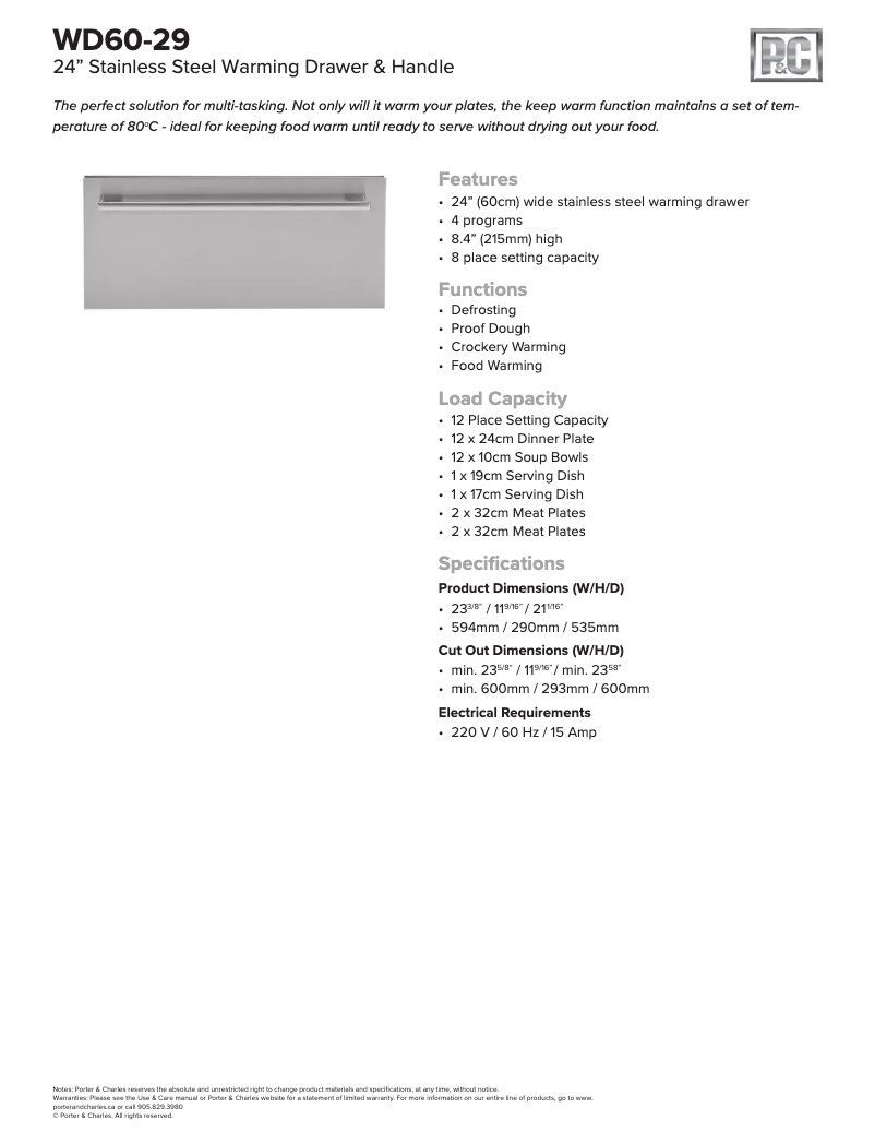 Page n°1 - Fiche technique Porter & Charles WD60-29