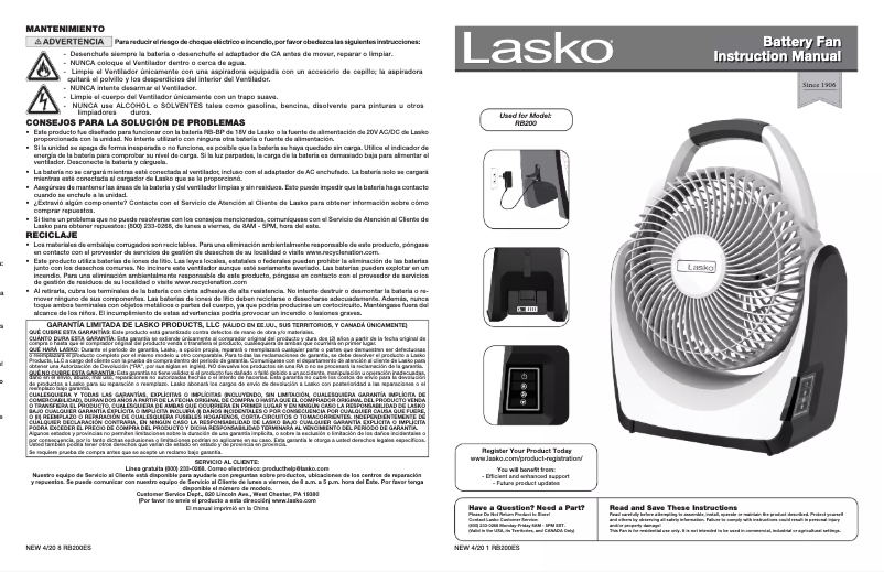 Page 1 de la notice Manuel d'utilisation et d'entretien Lasko RB200