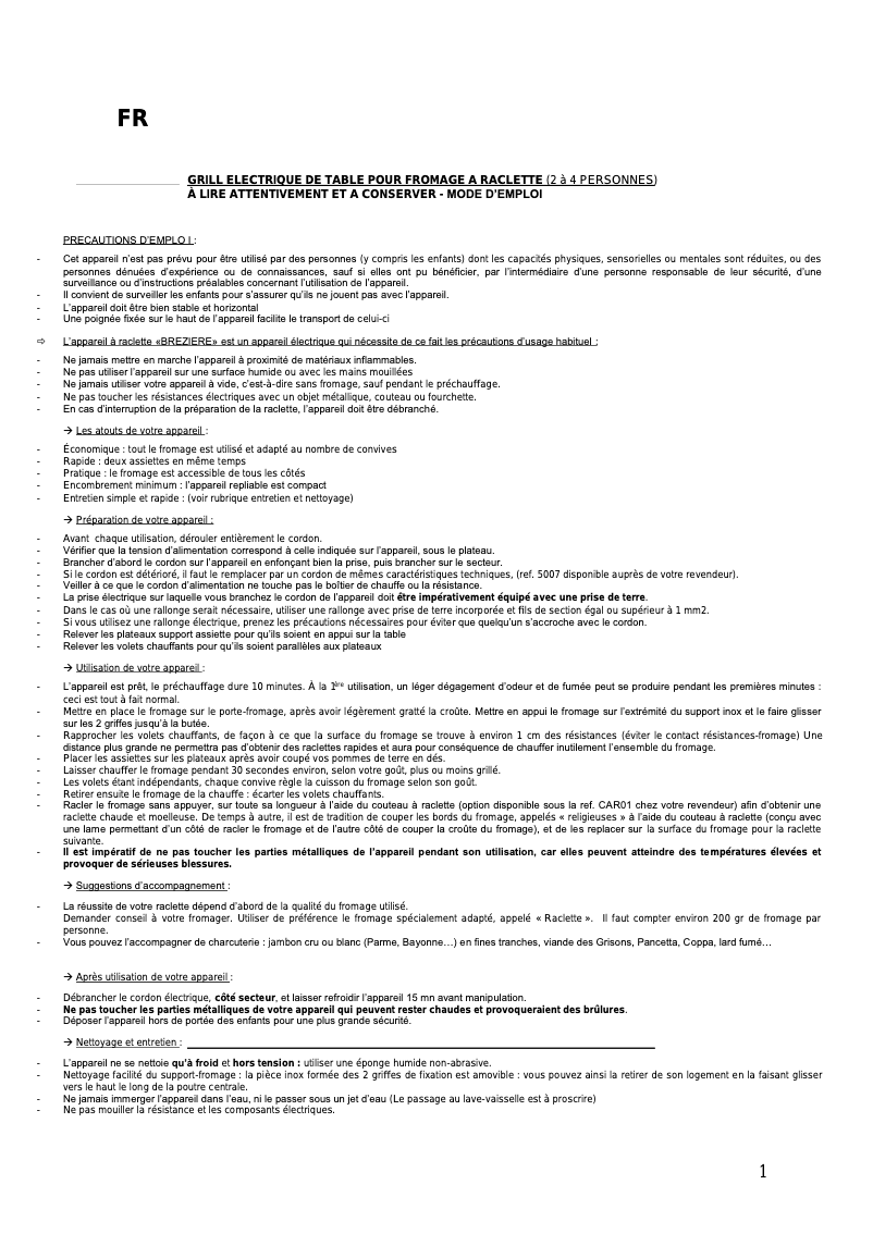 Image de la première page du manuel de l'appareil Brézière 800.092