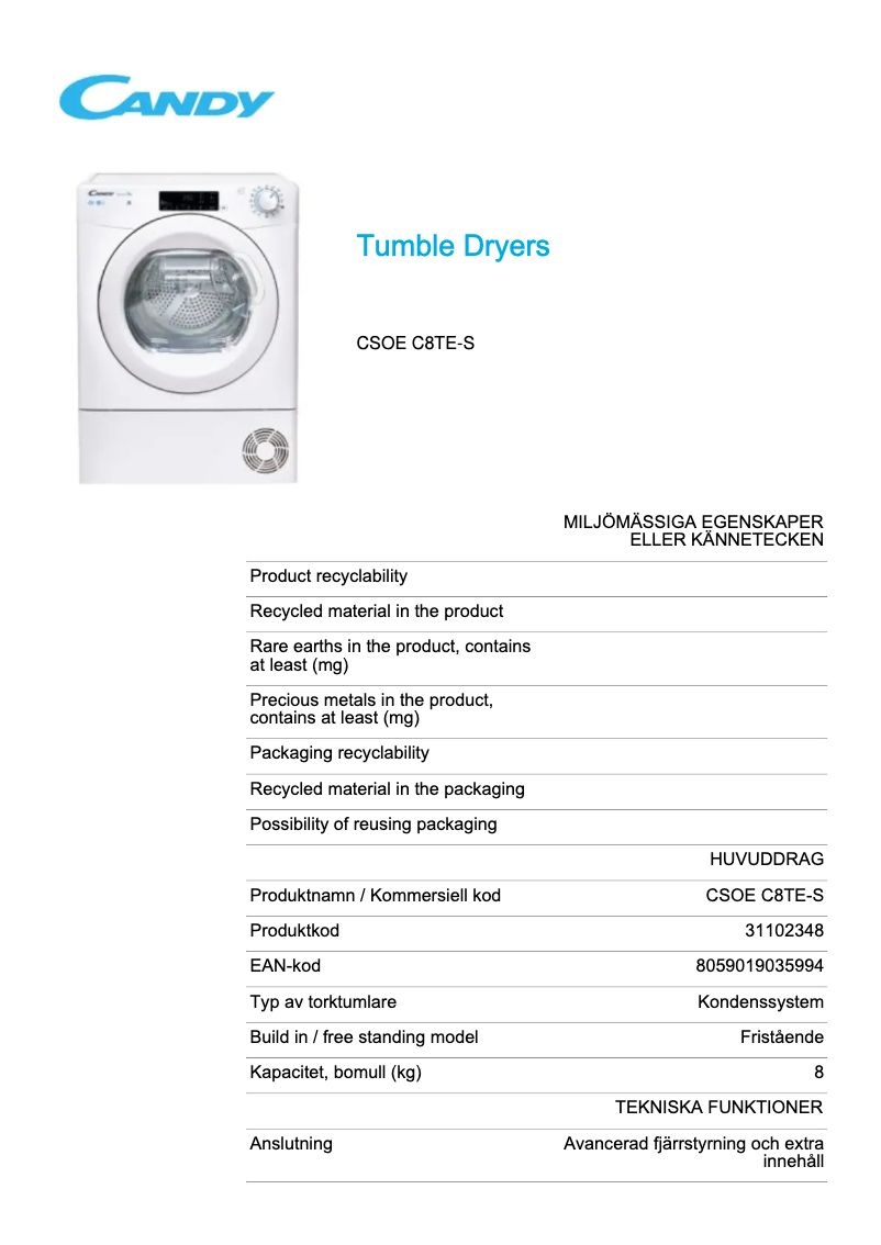 Page 1 de la notice Fiche technique Candy CSOE C8TE-S