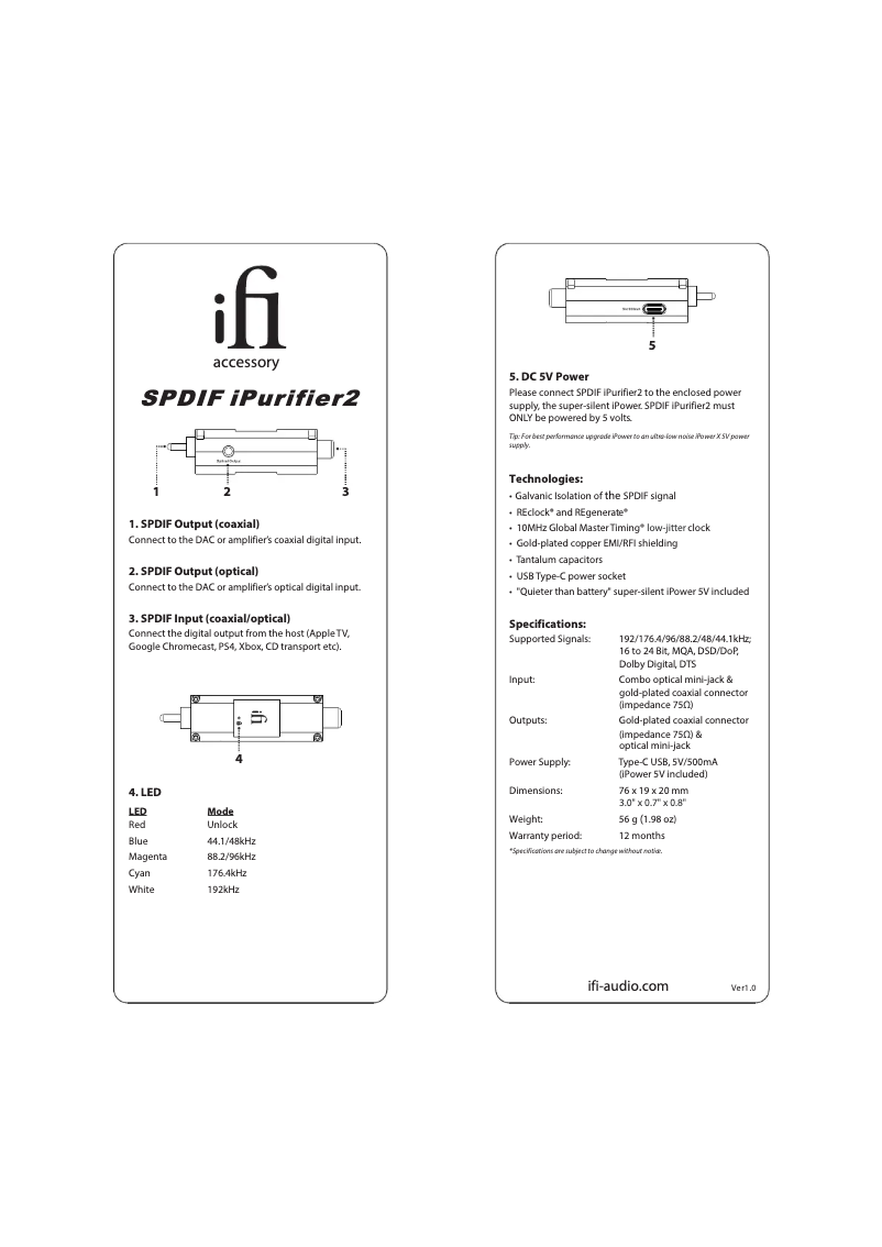 Image de la première page du manuel de l'appareil SPDIF iPurifier2