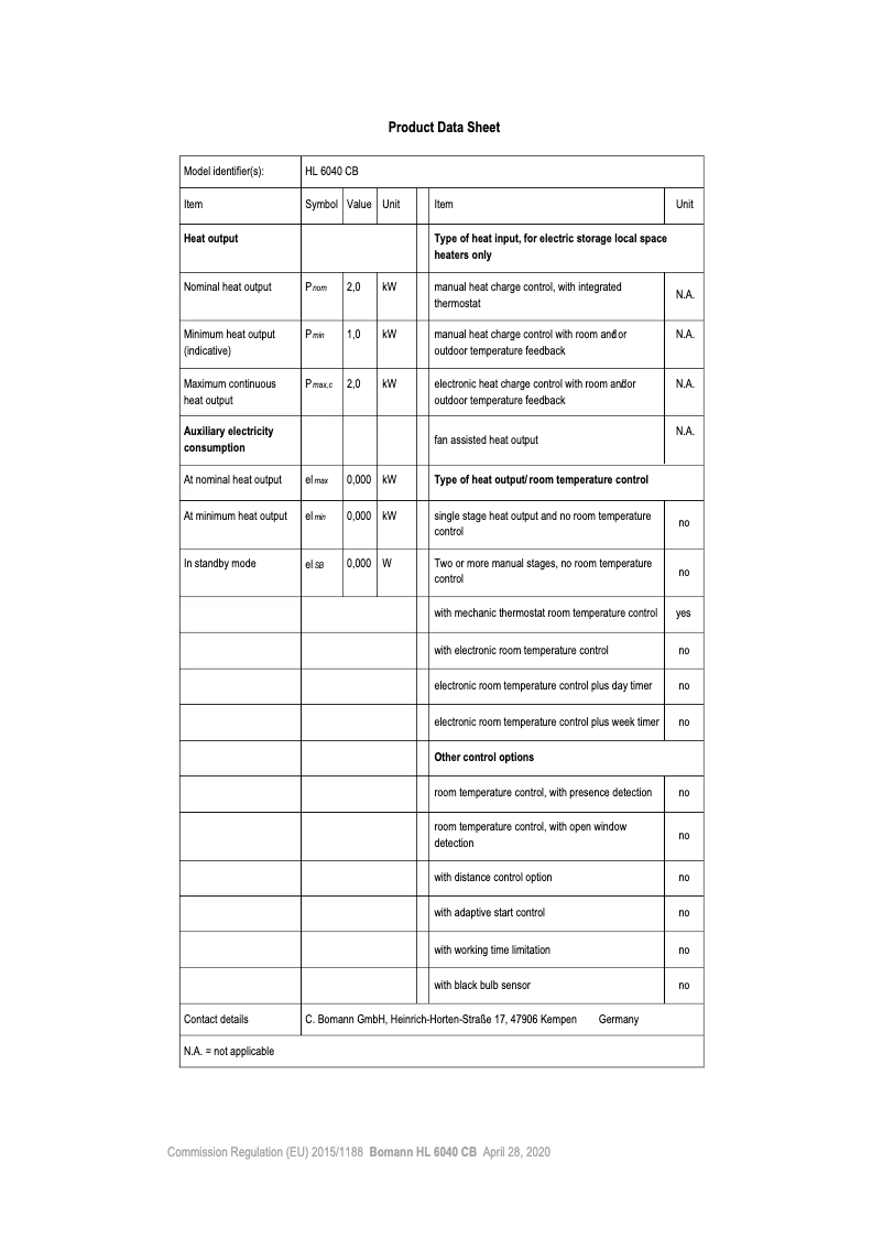 Page 1 de la notice Fiche technique Bomann HL 6040 CB