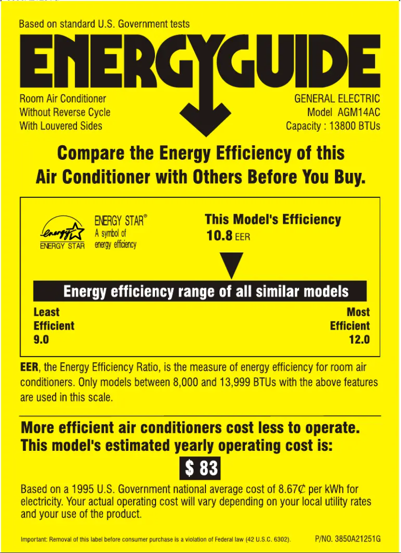 Page 1 de la notice Label énergétique GE AGM14AC