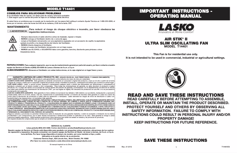 Page 1 de la notice Manuel utilisateur Lasko Air Stik T14401