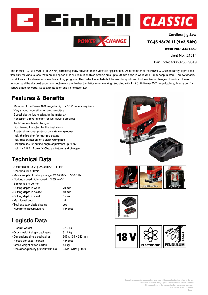Page 1 de la notice Fiche technique Einhell TC-JS 18/70 Li