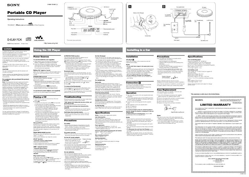 Page 1 de la notice Manuel utilisateur Sony Discman D-EJ017CK