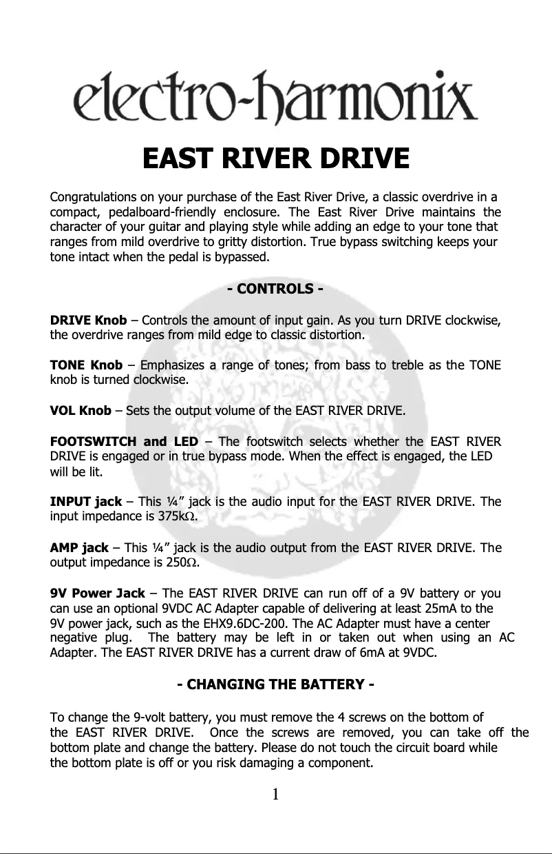 Page 1 de la notice Manuel utilisateur Electro Harmonix East River Drive