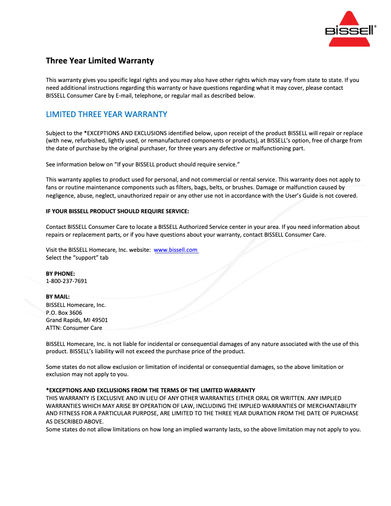 Page 1 de la notice Informations de garantie Bissell CleanView Rewind Pet 2490