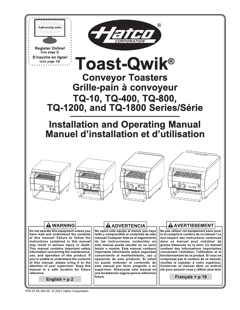Page 1 de la notice Manuel utilisateur Hatco Toast-Qwik TQ-400BA