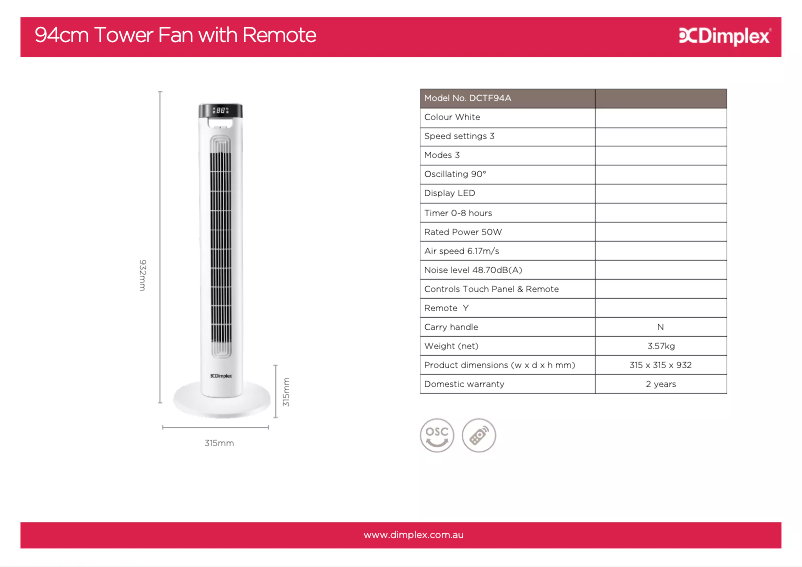 Page 1 de la notice Fiche technique Dimplex DCTF94A