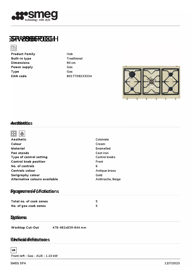Page 1 de la notice Fiche technique Smeg SRV896POGH