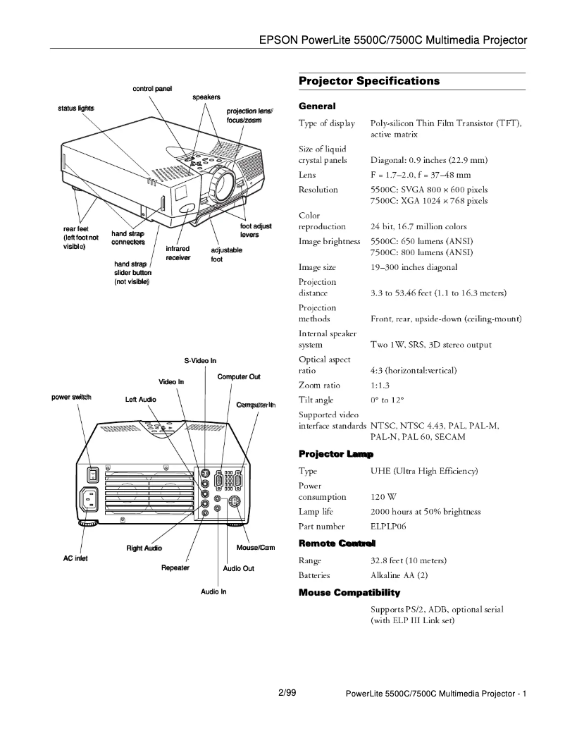 Page 1 de la notice Fiche technique Epson PowerLite 7500c