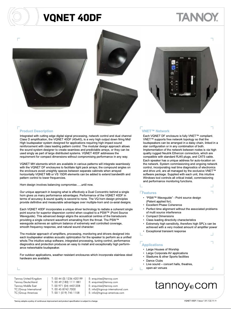 Page 1 de la notice Manuel utilisateur Tannoy VQNET 40DF
