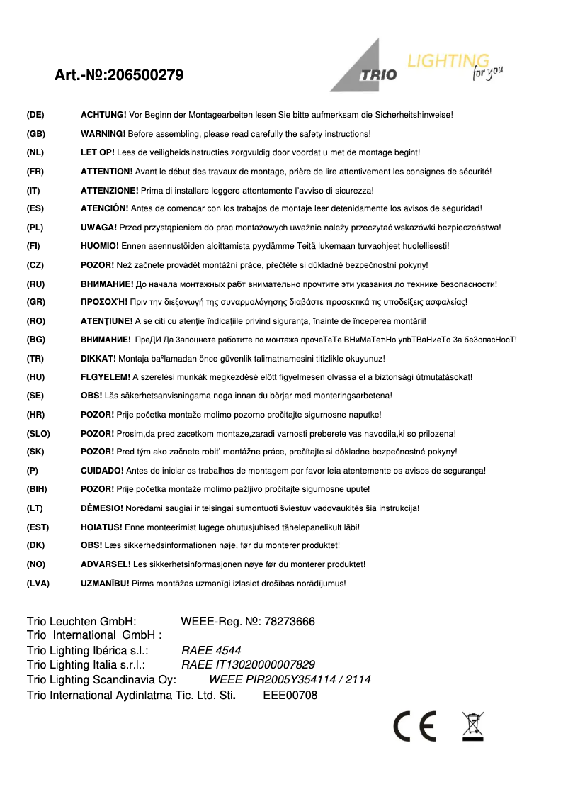 Page n°1 - Manuel utilisateur Trio Lighting Cleo 206500279